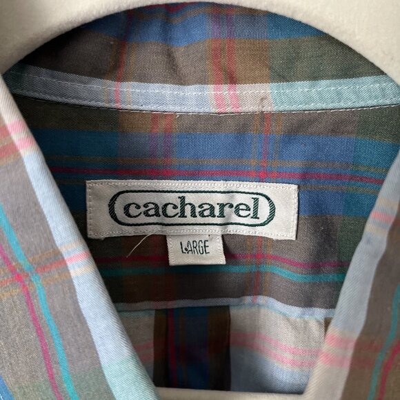 VTG Cacharel mens plaid short sleeve button shirt hipster thin blue L 60s 70s - Picture 2 of 5
